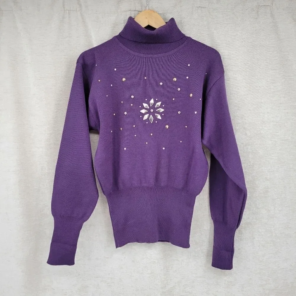 Kaelin 80s Purple Embellished Turtleneck Sweater Cinched Waist Vintage Women's